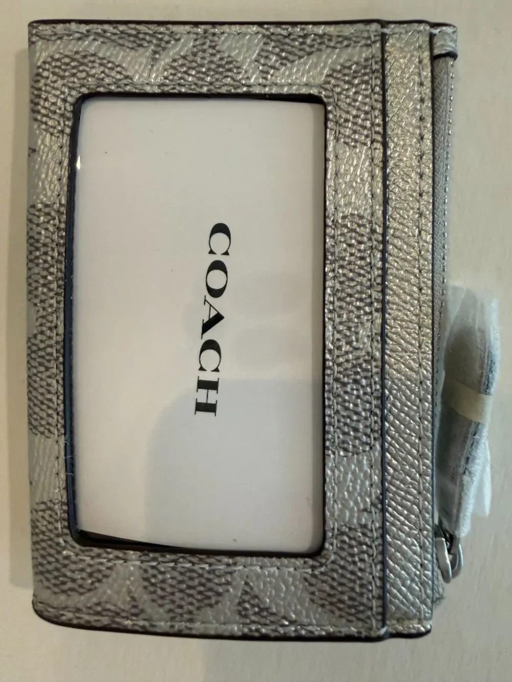 Coach Min/Skinny ID Case Card Holder Signature Canvas key chain/ Wallet Silver